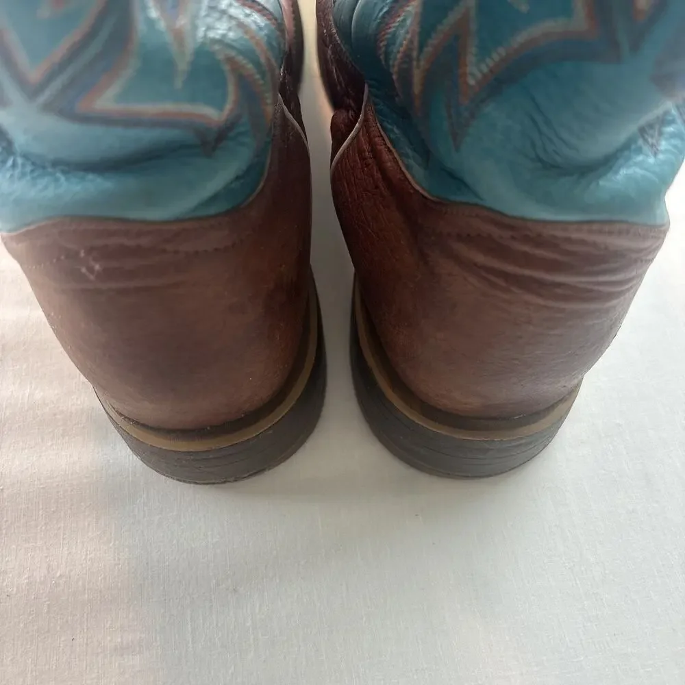 Justin Made in USA Square Toe Western Cowboy Brown Blue Leather Boots 13D Mens